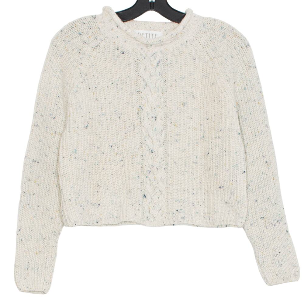 Vintage Sweater Cable Knit Rolled Neck Chunky Crop Ivory Cottagecore Grandpa PS